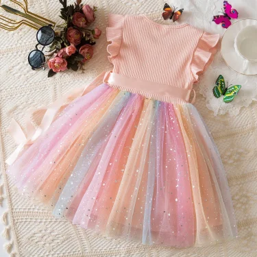 New Girls Dress for Sequins Birthday 1-5Y Toddler Girls Rainbow Tulle Dress Sweet Kids Princess Dress for Girls 2025 Summer Wear 2
