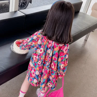 Spring Autumn New Girls Princess Dress Full Print Flowers Long Sleeve Lapel Collar Dress For 2-8 Years Girls Casual Shirt Skirt 3