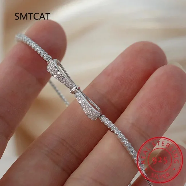 Real 925 Sterling Silver Bowknot Bracelet for Women Shiny Zircon Tennis Hard Bracelet Homme Wedding Party Jewelry Gifts 1