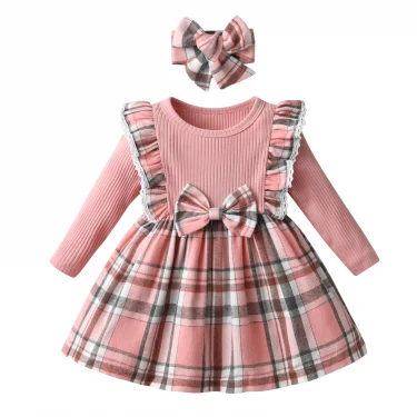 1-2Years Toddler Baby Girl Spring Autumn Dress Clothes Plaid Long Sleeve 2 in 1 Dresses with Hairband Clothing for Girls 1