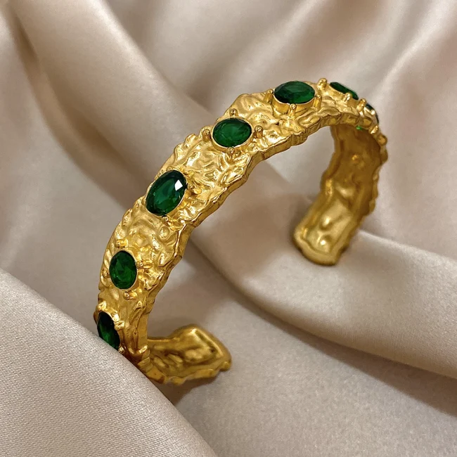 Vintage Green Zircon Stainless Steel Cuff Bracelet Chunky Geometric Textured Gold Plated Waterproof Open Bangles Jewelry Gifts 4