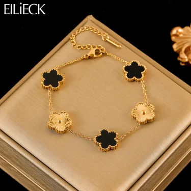 EILIECK 316L Stainless Steel Five Leaf Clover Bracelet For Women Trendy Black Flower Wrist Chain Gold Color Jewelry Holiday Gift 1