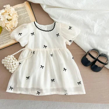 Kids Dress 1-6Yrs Princess Girls Lace Dress Embroidered Bow Summer Girl Cotton Breathable Children Costumes Casual Toddler Dress 5