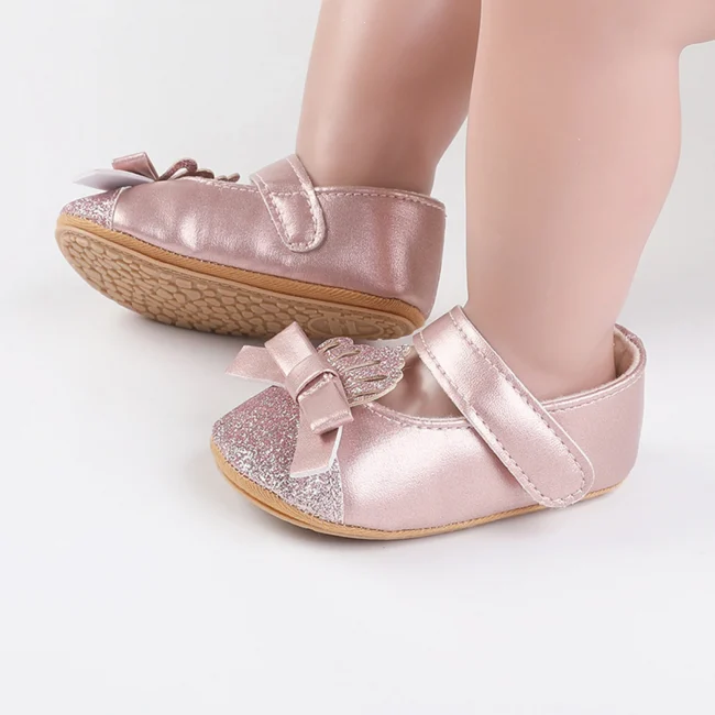 MISOWMNJOY Sequin Baby Girls Shoes Princess Newborn Mary Jane Flats Glitter Crown Bow Dress Shoes Non-Slip Newborn Crib Shoes 2