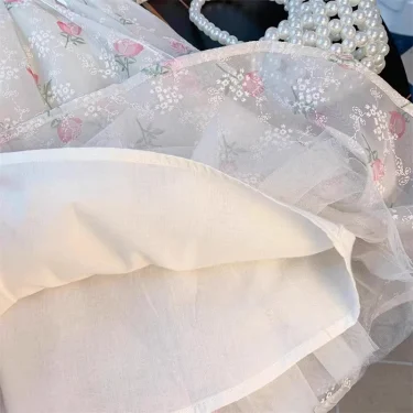 2 3 4 5 6 8 Years Girls Princess Dress Summer New Full Print Flowers Puff Sleeve Bow Mesh DresseTutu Birthday Party Gown 5