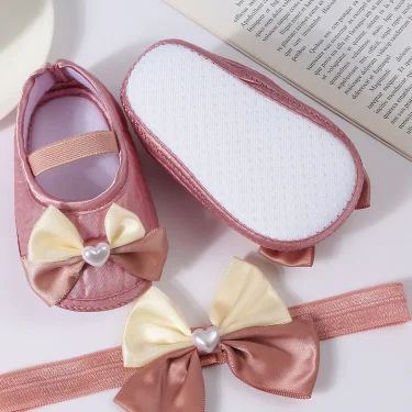 Baby Girls Baptism Shoes and Headband Cute Heart Pearl Bowknot Flats Crib Shoes and Hairband Set for Infants Toddlers 6