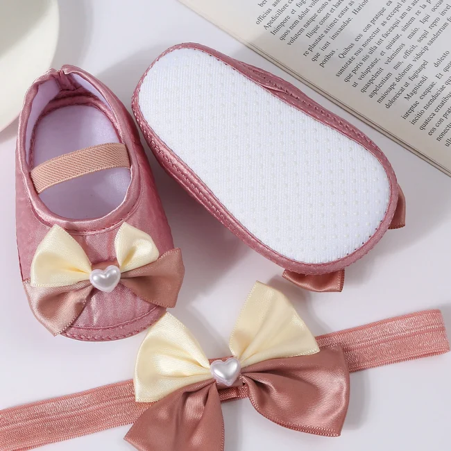Baby Girls Baptism Shoes and Headband Cute Heart Pearl Bowknot Flats Crib Shoes and Hairband Set for Infants Toddlers 6