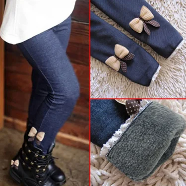 New Autumn Winter Girls Jean Pants Warm Children Leggings Thicken Velvet Bowknot Kids Trousers Baby Girl Pants Icing Leggings 1