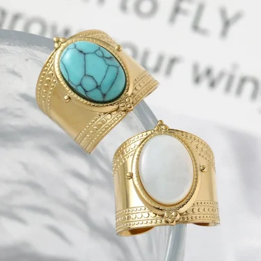Bohemia Turquoise Natural Stone Wide Open Rings for Women 14K Gold Plated Stainless Steel Ring Finger Rings Women Jewelry Gifts 5