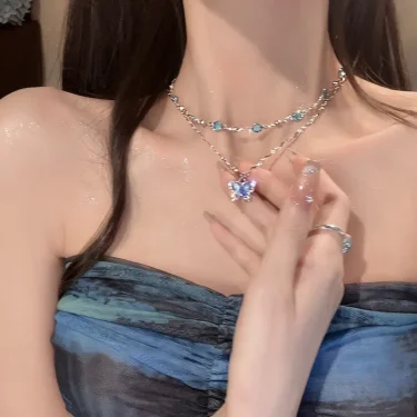 LATS Romantic Blue Crystal Butterfly Necklace for Women Girls Simple Shiny Zircon Bilayer Choker Clavicle Chain New Fine Jewelry 3