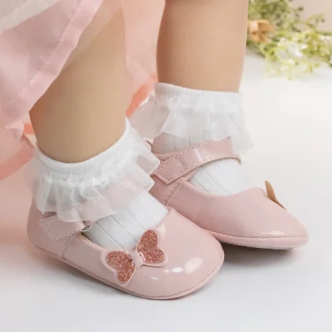 KIDSUN Baby Shoes Newborn Girl Princess PU Toddler Shoes Bow Decor Rubber Sole Anti-Slip First Walker Shoes 0-18M 6