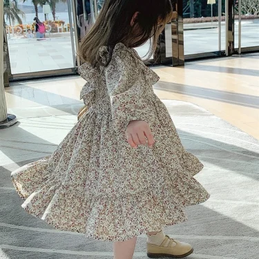 2025 Spring Autumn Girls Dress Floral Korean Long Sleeve Children Girls Dress Ruffle Cotton Baby Girls Princess Dress 2