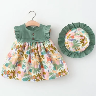 2Piece Set Summer Toddler Dresses For Girls Korean Fashion Flowers Sleeveless Beach Princess Dress+Hat Baby Clothes Outfit BC140 1