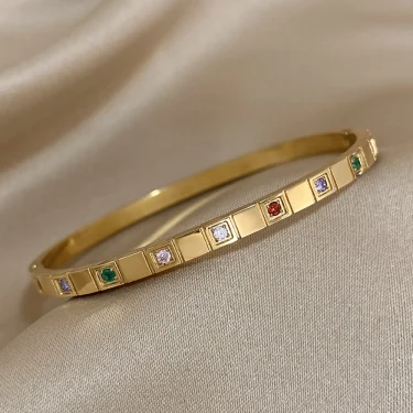New Inlaid Square Small Colored Zircon Stainless Steel Bangle Bracelet for Women Luxury Gold Plated Cubic Zirconia Bracelets 4