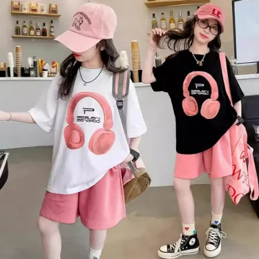 Girls Summer T-Shirt Short-Sleeved Suit Korean Version of the New Casual Summer Sports Children's Short-Sleeved Shorts Two-Piece 2