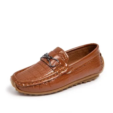 Boys Leather Shoes Round-toe Flat Soft Kids Fashion Casual Loafers Glossy Metal Buckle Children Moccasins Non-slip Britain Style 2