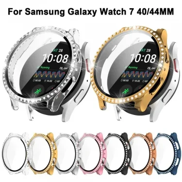 Diamond Case for Samsung Galaxy Watch 7 40mm 44mm Screen Protector Tempered Glass Bling Cover Full Protector for Galaxy Watch FE 2
