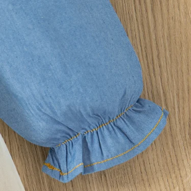 Spring Long Sleeved Dress Girl Denim Blue Dress Fake Two Pieces Tutu Dress For Kids Send Bow Belt 5