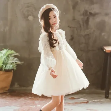 Spring Autumn Kids Girls Dresses Lantern Sleeve Lace Princess Dress Pearl Sweet O-neck Mesh Party Children's Clothing Vestidos 3
