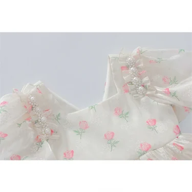 Summer New Girls Princess Dress Full Print Flowers Puff Sleeve Bow Mesh DresseTutu Birthday Party Gown For 2-12 Years Kids 5