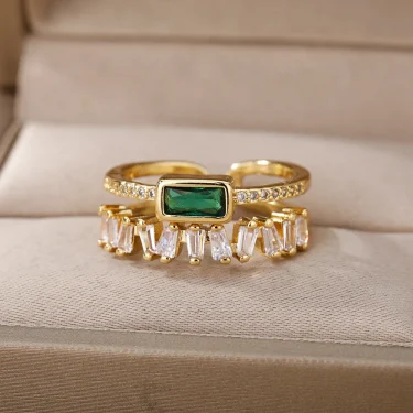Stainless Steel Green Zircon Rings for Women Gold Color Opening Adjustable Anillos Fashion Geometry Ring Jewelry Party Gift New 2