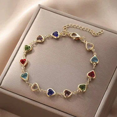 FTCY Summer Vintage Heart Shape Crystal Bracelet For Women Gold Color Chain Birthday Party Jewelry Gift For Women Girl 2