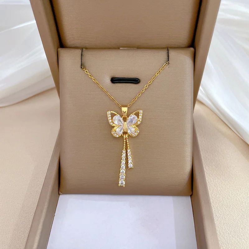 Exquisite Micro Inlaid Zircon Butterfly Tassel Necklace For Women Stainless Steel Moon Butterfly Flower Clavicle Choker Jewelry 1