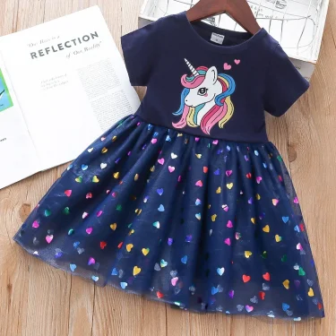 2025 Summer Baby Girls Cartoon Unicorn Dress Cotton Mesh Party Princess Dresses For 2-6 Years Children Kids Clothes 1