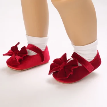 Spring and Autumn Newborn Flannelette Princess Shoes Baby Girls Bow Flat Shoes Toddler Baby Soft Rubber Sole First Walking Shoes 4