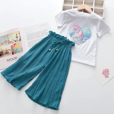 2 3 4 5 6 7 8 Years Summer Girls Clothing Sets New Cotton Fashion Short Sleeved+Wide Leg Pants Casual Two Piece Set Kids Clothes 2