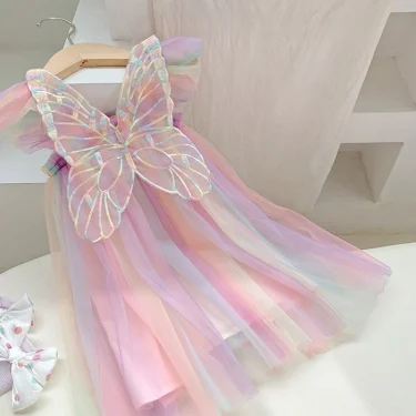 Baby Girls Gradient Rainbow Tulle Sling Dress 3D Butterfly Mesh Vestido Vintage Children Wedding Birthday Party Princess Dresses 3