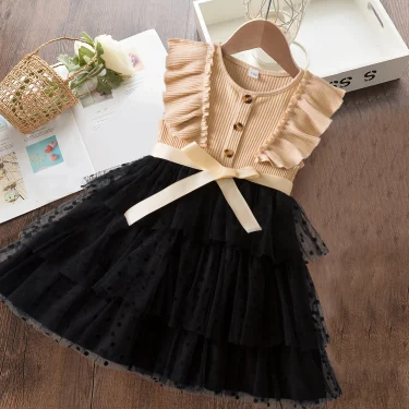 Baby Girl Flying Sleeves Knitted Dress Kids Polka Dot Mesh Dress Girl Princess Cake Dress Kids Elegant Black Dress for 2-6 Years 5