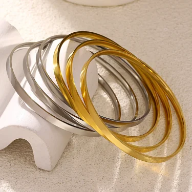 Greatera 3pcs/set 316L Stainless Steel Round Smooth Bracelets Bangles for Women 18K Gold Plated Metal Waterproof Jewelry 3