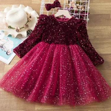 Sequins Girls Princess Party Dresses for 3-8Yrs Kids Birthday Wedding Evening Prom Gown Fall Winter Long Sleeve Children's Dress 4