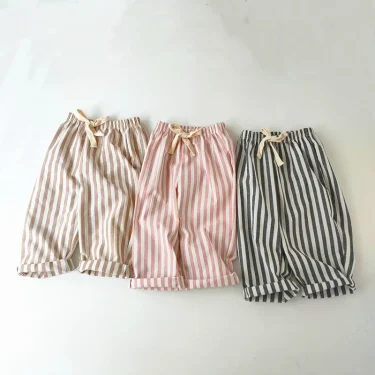 Children's Clothing Linen Cotton Shorts Summer Girls Boys Stripe Pants Kids Baby Casual Vintage Loose Short Pant Girl Clothes 2