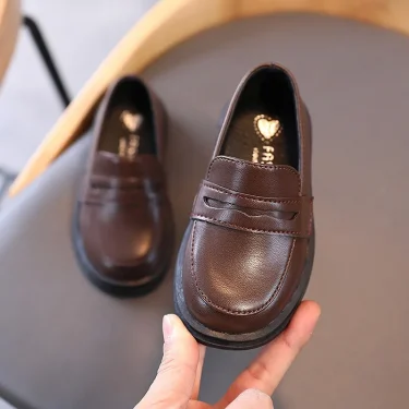 Kids Loafers Slip-on Pu Leather Shallow Black Brown Boys Girls Flat Shoes 21-36 Toddler Fashion Leisure Children Casual Shoe 1