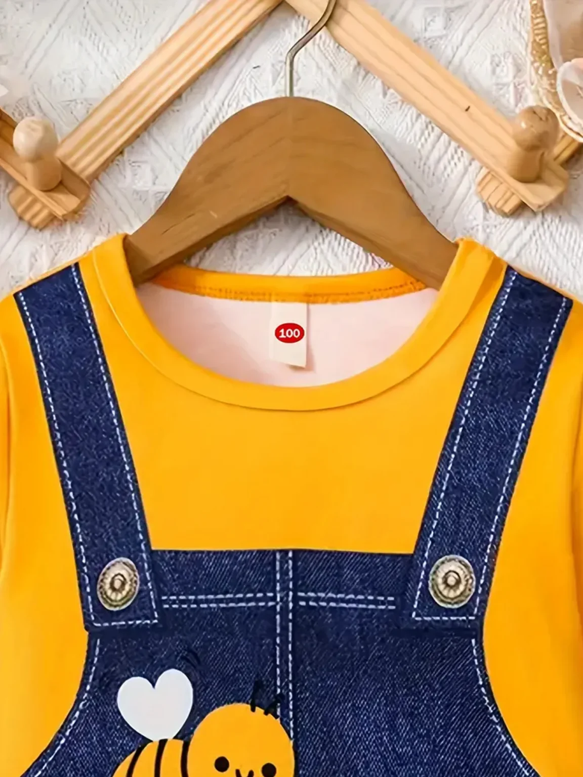 Cute Bee Print Suspender Spliced Dress For Girls, Round Neck Long Sleeve Casual Dress 3