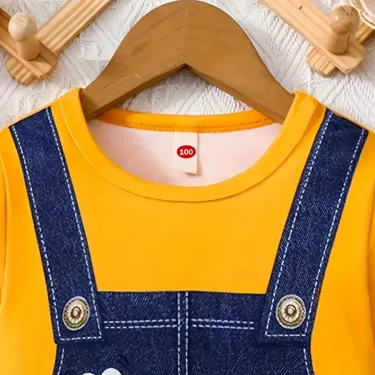 Cute Bee Print Suspender Spliced Dress For Girls, Round Neck Long Sleeve Casual Dress 3