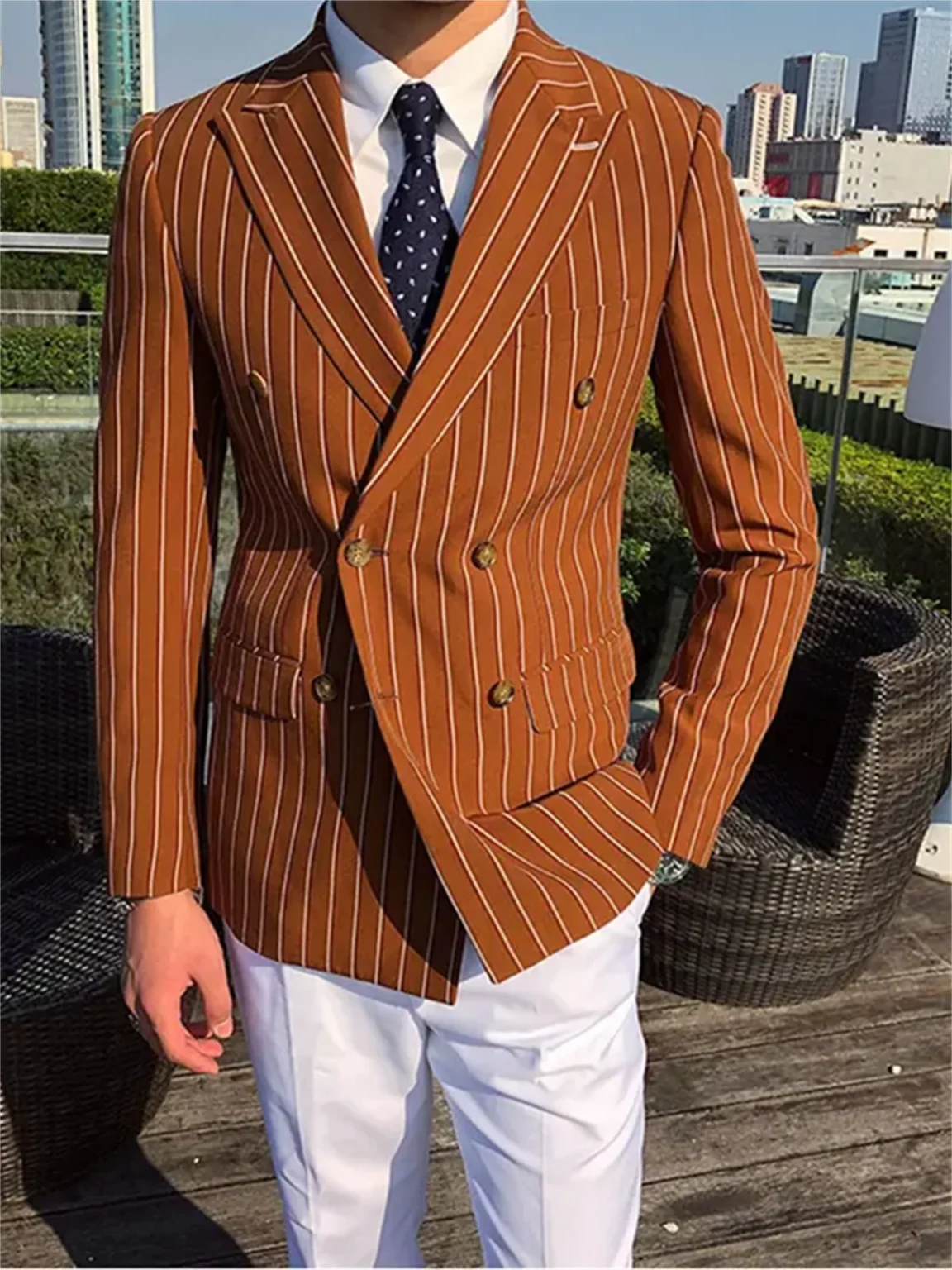 1 PCS Brown Striped Men Suits Blazer Wedding Groom Tuxedo Jacket Formal Double Breasted Party Prom Coat 2