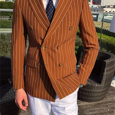 1 PCS Brown Striped Men Suits Blazer Wedding Groom Tuxedo Jacket Formal Double Breasted Party Prom Coat 2