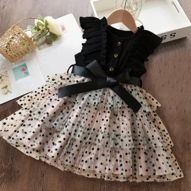 Baby Girl Ruffles Sleeves Knitted Dress Kids Polka Dot Mesh Dress Girl Princess Cake Dress Kid Elegant Black Dress For 2-6 Years 2