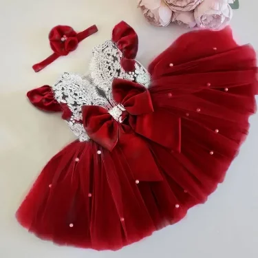 Toddler Girls Red Christmas Dress Lace Princess Party Dress Tutu Dresses for Kids Backless Cute Birthday Wedding Evening Gown 1