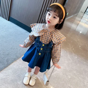 Toddler Kids Baby Girls Plaid Blouse Sling Denim Dress Spring Long Sleeve Tops Infant Girls Dress for Children Clothes Sets 2025 4