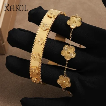 RAKOL Gold Color Stainless Steel Hot Selling Plumbossom Bangles For Women Luxury Five Leaf Flower Bracelet Bangle Jewelry Gift 1