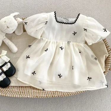 Kids Dress 1-6Yrs Princess Girls Lace Dress Embroidered Bow Summer Girl Cotton Breathable Children Costumes Casual Toddler Dress 4