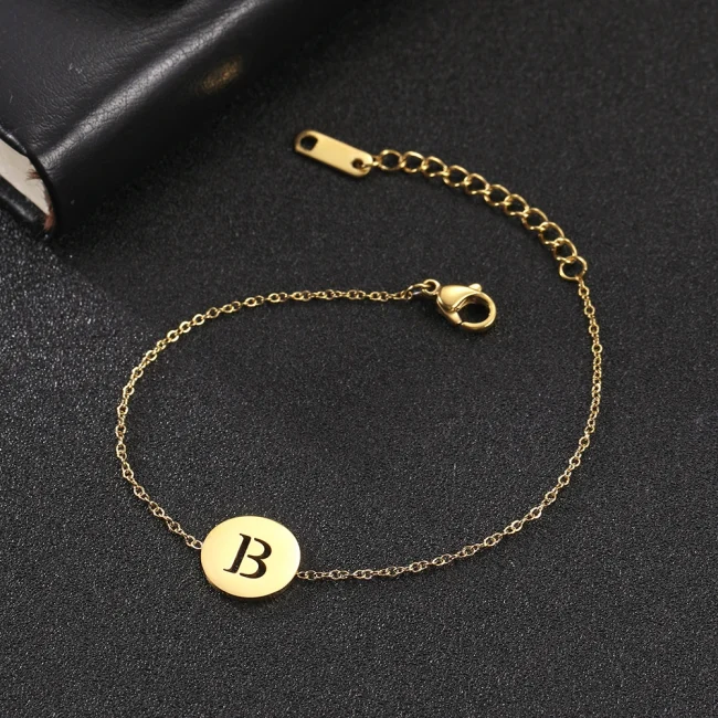Hollow Alphabet A-Z Round Pendant Bracelets Stainless Steel Bracelets for Men Women Trend Jewelry for Party Gift (17+5CM) 3