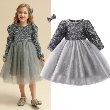 Sequins Girls Princess Party Dresses for 3-8Yrs Kids Birthday Wedding Evening Prom Gown Fall Winter Long Sleeve Children's Dress 2