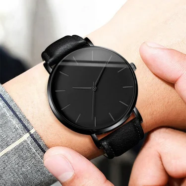 3PCS/Set Men's Watch Simple Scale Dial Male Leather Band Quartz Watches Necklace Bracelet Set 2
