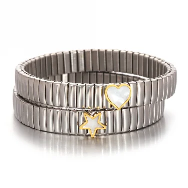 Gold Color Stainless Steel Elastic Bracelet Bangle for Women Men Inlaid Shell Star Heart Bracelet Classic Watch Chain Jewelry 2