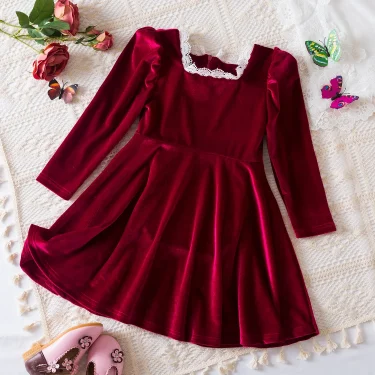 Autumn Winter Dress for Kids Girls Green/Red Color Christmas Costume Elegant Birthday Party Princess Dress Children's Clothing 5